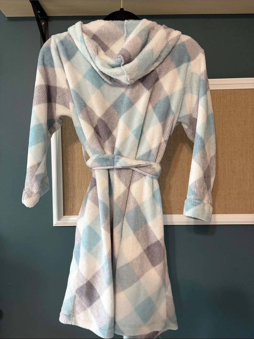 wonder nation Plush Hooded Robe in Light Blue & Gray Plaid